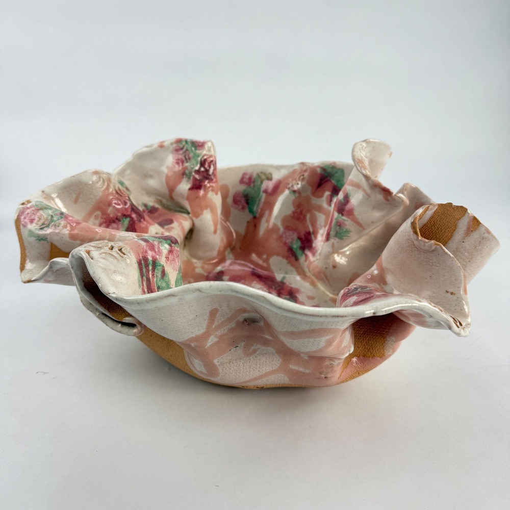 Vintage 1998 Signed Studio Pottery Ruffled Handkerchief Bowl Pink Floral Abstrac